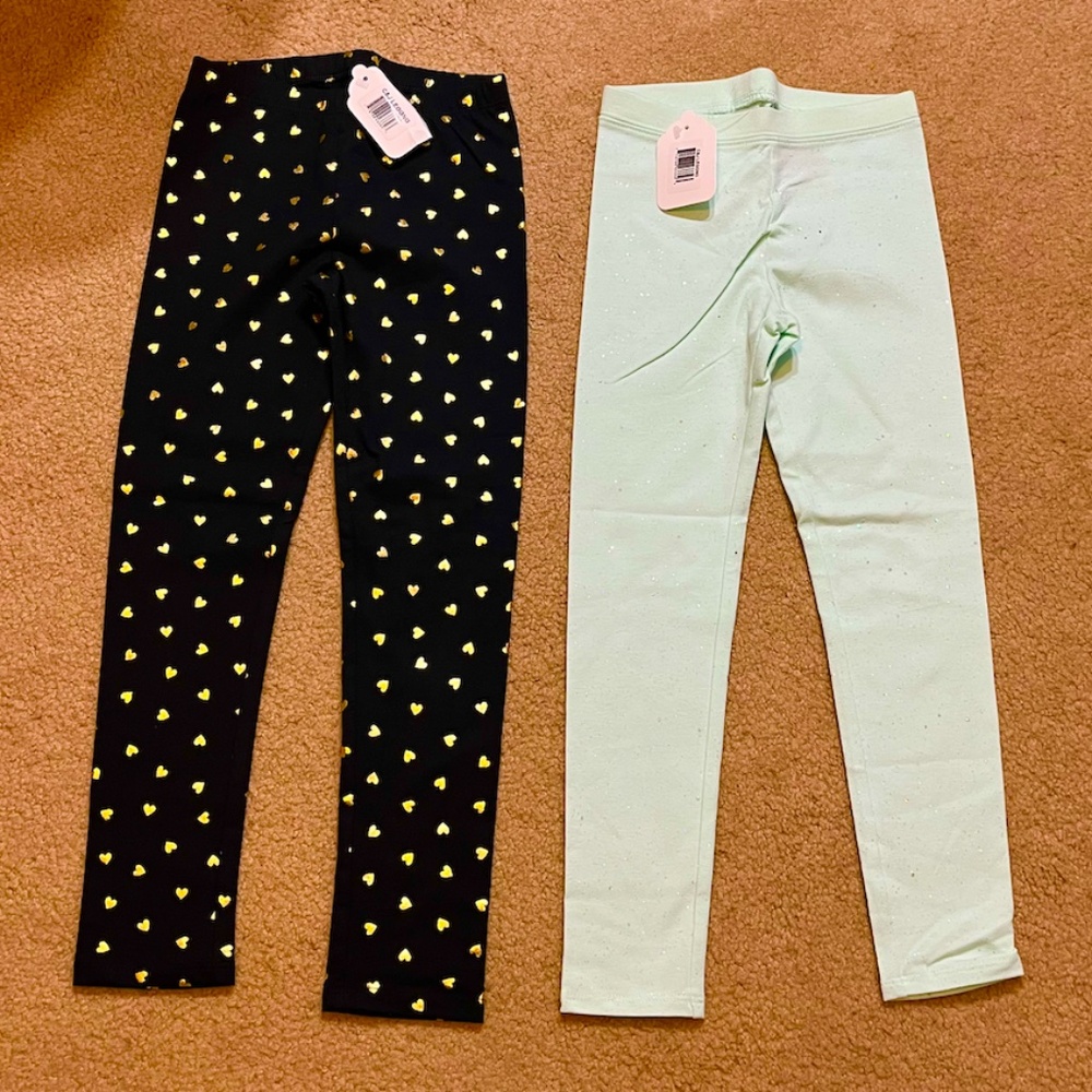 2 NEW 5T Cat & Jack leggings, black/gold metallic stars and mint green w/glitter